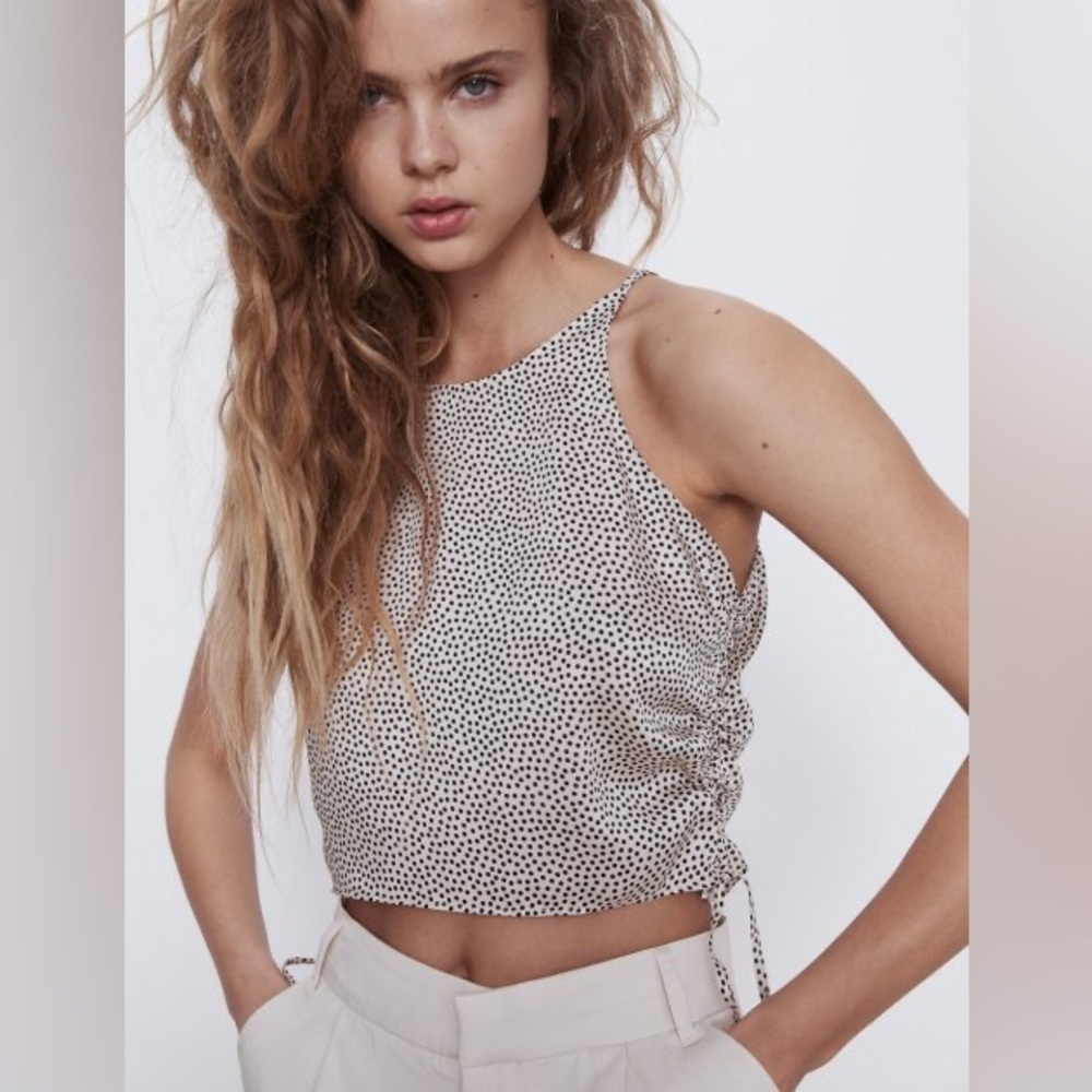 NWOT - ZARA BEIGE SATIN POLKA DOT CROP TOP WITH ADJUSTABLE STRINGS